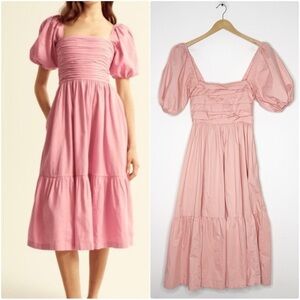 Abercrombie & Fitch Emerson Poplin Puff Sleeve Midi Dress – Pink – XS